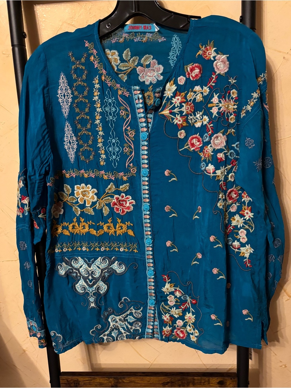 Johnny Was Teal Floral Embroidered Button-Front Top Size S
